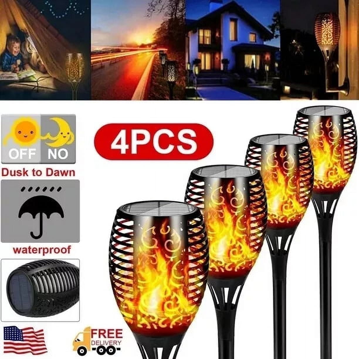 Flickering Solar Lights 4 Pack Tiki Torch Lights with Flickering Flame LED Bamboo Yard Torch for Outside Garden Home Patio Pathway